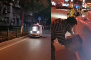 JD.com’s self-driving delivery robot (left) and customers collecting parcel from the robot (right)